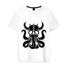 Мужская футболка хлопок с принтом Морской демон в Курске, 100% хлопок | прямой крой, круглый вырез горловины, длина до линии бедер, слегка спущенное плечо. | демон | ктулху | море | океан | рога | тентакль