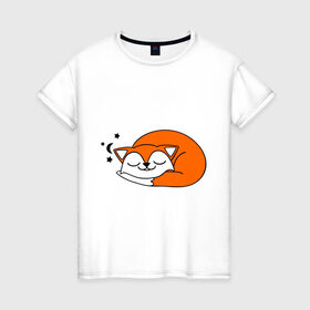 Женская футболка хлопок с принтом Спящий лисёнок в Курске, 100% хлопок | прямой крой, круглый вырез горловины, длина до линии бедер, слегка спущенное плечо | лиса