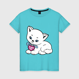 Женская футболка хлопок с принтом Белая кошечка в Курске, 100% хлопок | прямой крой, круглый вырез горловины, длина до линии бедер, слегка спущенное плечо | kiss | kiss me | киса | киска | котейка | котенок | котя | кошечка | кошка | лапочка
