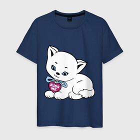Мужская футболка хлопок с принтом Белая кошечка в Курске, 100% хлопок | прямой крой, круглый вырез горловины, длина до линии бедер, слегка спущенное плечо. | kiss | kiss me | киса | киска | котейка | котенок | котя | кошечка | кошка | лапочка