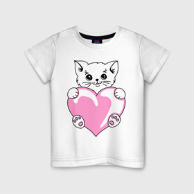 Детская футболка хлопок с принтом Котеночек с сердечком в Курске, 100% хлопок | круглый вырез горловины, полуприлегающий силуэт, длина до линии бедер | киса | киска | котейка | котенок | котя | кошечка | кошка | лапочка | сердечко | сердце