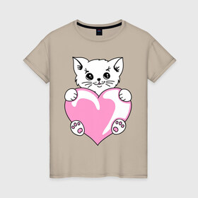 Женская футболка хлопок с принтом Котеночек с сердечком в Курске, 100% хлопок | прямой крой, круглый вырез горловины, длина до линии бедер, слегка спущенное плечо | киса | киска | котейка | котенок | котя | кошечка | кошка | лапочка | сердечко | сердце
