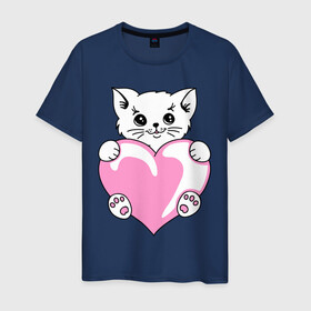Мужская футболка хлопок с принтом Котеночек с сердечком в Курске, 100% хлопок | прямой крой, круглый вырез горловины, длина до линии бедер, слегка спущенное плечо. | киса | киска | котейка | котенок | котя | кошечка | кошка | лапочка | сердечко | сердце