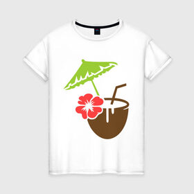 Женская футболка хлопок с принтом Коктейль в Курске, 100% хлопок | прямой крой, круглый вырез горловины, длина до линии бедер, слегка спущенное плечо | зонтик | кокос | коктейль | лето | море | отпуск | пляж