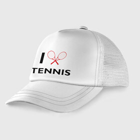 Детская кепка тракер с принтом I Love Tennis в Курске, Козырек - 100% хлопок. Кепка - 100% полиэстер, Задняя часть - сетка | универсальный размер, пластиковая застёжка | ракетка | тенис | теннис | теннисист