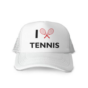 Кепка тракер с сеткой с принтом I Love Tennis в Курске, трикотажное полотно; задняя часть — сетка | длинный козырек, универсальный размер, пластиковая застежка | ракетка | тенис | теннис | теннисист