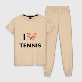 Женская пижама хлопок с принтом I Love Tennis в Курске, 100% хлопок | брюки и футболка прямого кроя, без карманов, на брюках мягкая резинка на поясе и по низу штанин | ракетка | тенис | теннис | теннисист