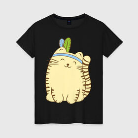 Женская футболка хлопок с принтом Кот-индеец в Курске, 100% хлопок | прямой крой, круглый вырез горловины, длина до линии бедер, слегка спущенное плечо | индеец | киса | кот | кошка | перья