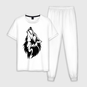 Мужская пижама хлопок с принтом Воющий волк в Курске, 100% хлопок | брюки и футболка прямого кроя, без карманов, на брюках мягкая резинка на поясе и по низу штанин
 | воет | вой | волк | голова