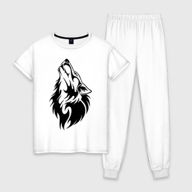 Женская пижама хлопок с принтом Воющий волк в Курске, 100% хлопок | брюки и футболка прямого кроя, без карманов, на брюках мягкая резинка на поясе и по низу штанин | Тематика изображения на принте: воет | вой | волк | голова