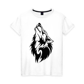 Женская футболка хлопок с принтом Воющий волк в Курске, 100% хлопок | прямой крой, круглый вырез горловины, длина до линии бедер, слегка спущенное плечо | воет | вой | волк | голова