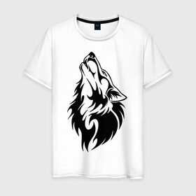 Мужская футболка хлопок с принтом Воющий волк в Курске, 100% хлопок | прямой крой, круглый вырез горловины, длина до линии бедер, слегка спущенное плечо. | Тематика изображения на принте: воет | вой | волк | голова