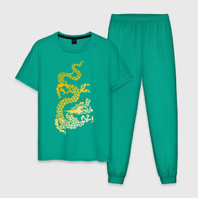 Мужская пижама хлопок с принтом Золотой дракон в Курске, 100% хлопок | брюки и футболка прямого кроя, без карманов, на брюках мягкая резинка на поясе и по низу штанин
 | дракон | золотой | китайский | тату