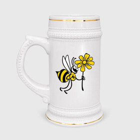 Кружка пивная с принтом Пчела с цветочком в Курске,  керамика (Материал выдерживает высокую температуру, стоит избегать резкого перепада температур) |  объем 630 мл | Тематика изображения на принте: оса | пчела | цветок | шмель