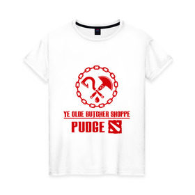 Женская футболка хлопок с принтом Hook Pudge Dota2 в Курске, 100% хлопок | прямой крой, круглый вырез горловины, длина до линии бедер, слегка спущенное плечо | butcher | chain | dota | hook | pudgee | shoppe | дота | крюк | мясник | пудж | цепь