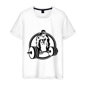 Мужская футболка хлопок с принтом Горилла со штангой в Курске, 100% хлопок | прямой крой, круглый вырез горловины, длина до линии бедер, слегка спущенное плечо. | горилла | кач | спорт | штанга
