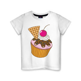 Детская футболка хлопок с принтом Кекс с вишней в Курске, 100% хлопок | круглый вырез горловины, полуприлегающий силуэт, длина до линии бедер | вафля | вишенка | выпечка | для девшек | еда | кекс | кексик | маффин | рисунок