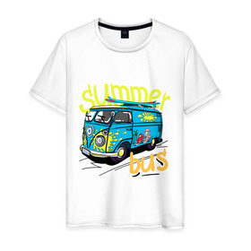 Мужская футболка хлопок с принтом Summer bus в Курске, 100% хлопок | прямой крой, круглый вырез горловины, длина до линии бедер, слегка спущенное плечо. | summer bus | автобус | автомобиль | доска | лето | машина | серфинг