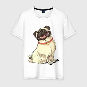 Мужская футболка хлопок с принтом Радостный мопс в Курске, 100% хлопок | прямой крой, круглый вырез горловины, длина до линии бедер, слегка спущенное плечо. | милый | мопс | пес | радостная | собака