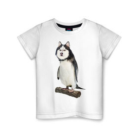 Детская футболка хлопок с принтом Хаскогвин в Курске, 100% хлопок | круглый вырез горловины, полуприлегающий силуэт, длина до линии бедер | Тематика изображения на принте: пингвин