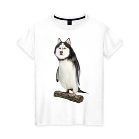 Женская футболка хлопок с принтом Хаскогвин в Курске, 100% хлопок | прямой крой, круглый вырез горловины, длина до линии бедер, слегка спущенное плечо | Тематика изображения на принте: пингвин