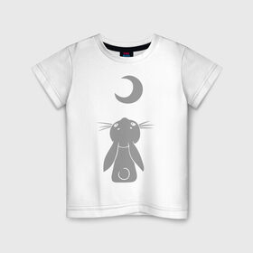Детская футболка хлопок с принтом Зайчик смотрит на луну в Курске, 100% хлопок | круглый вырез горловины, полуприлегающий силуэт, длина до линии бедер | Тематика изображения на принте: зайчик | заяц | кролик | луна | месяц | полумесяц
