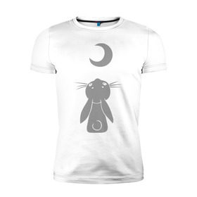 Мужская футболка премиум с принтом Зайчик смотрит на луну в Курске, 92% хлопок, 8% лайкра | приталенный силуэт, круглый вырез ворота, длина до линии бедра, короткий рукав | зайчик | заяц | кролик | луна | месяц | полумесяц