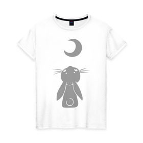 Женская футболка хлопок с принтом Зайчик смотрит на луну в Курске, 100% хлопок | прямой крой, круглый вырез горловины, длина до линии бедер, слегка спущенное плечо | зайчик | заяц | кролик | луна | месяц | полумесяц