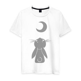 Мужская футболка хлопок с принтом Зайчик смотрит на луну в Курске, 100% хлопок | прямой крой, круглый вырез горловины, длина до линии бедер, слегка спущенное плечо. | Тематика изображения на принте: зайчик | заяц | кролик | луна | месяц | полумесяц