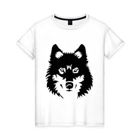 Женская футболка хлопок с принтом Северный волк в Курске, 100% хлопок | прямой крой, круглый вырез горловины, длина до линии бедер, слегка спущенное плечо | волк | голова | север