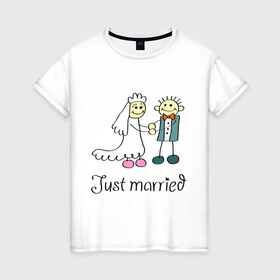 Женская футболка хлопок с принтом Just married в Курске, 100% хлопок | прямой крой, круглый вырез горловины, длина до линии бедер, слегка спущенное плечо | just | married | жених | молодожены | невеста | свадьба