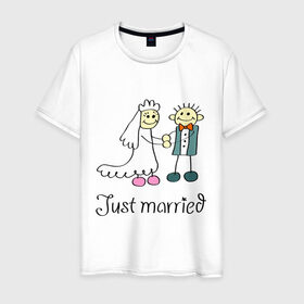 Мужская футболка хлопок с принтом Just married в Курске, 100% хлопок | прямой крой, круглый вырез горловины, длина до линии бедер, слегка спущенное плечо. | just | married | жених | молодожены | невеста | свадьба
