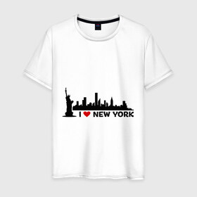 Мужская футболка хлопок с принтом I love NY (панорама) в Курске, 100% хлопок | прямой крой, круглый вырез горловины, длина до линии бедер, слегка спущенное плечо. | Тематика изображения на принте: i | love | new | york | город | йорк | люблю | нью | панорама | свобода | статуя | я