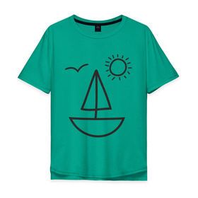 Мужская футболка хлопок Oversize с принтом Настроение - море в Курске, 100% хлопок | свободный крой, круглый ворот, “спинка” длиннее передней части | корабль | лицо | лодка | море | настроение | парус | птица | рожица | солнце | улыбка | чайка | яхта