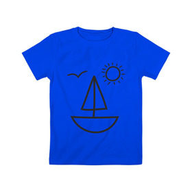 Детская футболка хлопок с принтом Настроение - море в Курске, 100% хлопок | круглый вырез горловины, полуприлегающий силуэт, длина до линии бедер | корабль | лицо | лодка | море | настроение | парус | птица | рожица | солнце | улыбка | чайка | яхта