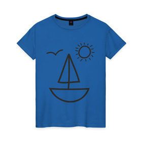 Женская футболка хлопок с принтом Настроение - море в Курске, 100% хлопок | прямой крой, круглый вырез горловины, длина до линии бедер, слегка спущенное плечо | корабль | лицо | лодка | море | настроение | парус | птица | рожица | солнце | улыбка | чайка | яхта
