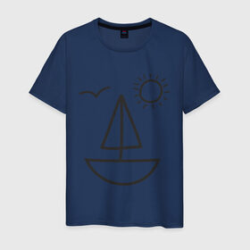 Мужская футболка хлопок с принтом Настроение - море в Курске, 100% хлопок | прямой крой, круглый вырез горловины, длина до линии бедер, слегка спущенное плечо. | корабль | лицо | лодка | море | настроение | парус | птица | рожица | солнце | улыбка | чайка | яхта