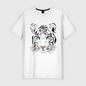 Мужская футболка премиум с принтом Белый тигр в Курске, 92% хлопок, 8% лайкра | приталенный силуэт, круглый вырез ворота, длина до линии бедра, короткий рукав | белый | голова | красивый | редкий | тигр