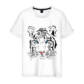 Мужская футболка хлопок с принтом Белый тигр в Курске, 100% хлопок | прямой крой, круглый вырез горловины, длина до линии бедер, слегка спущенное плечо. | Тематика изображения на принте: белый | голова | красивый | редкий | тигр