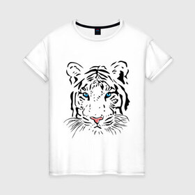 Женская футболка хлопок с принтом Белый тигр в Курске, 100% хлопок | прямой крой, круглый вырез горловины, длина до линии бедер, слегка спущенное плечо | белый | голова | красивый | редкий | тигр