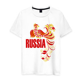 Мужская футболка хлопок с принтом Россия в Курске, 100% хлопок | прямой крой, круглый вырез горловины, длина до линии бедер, слегка спущенное плечо. | жар | золотая | металл | патриот | птица | россия | русский
