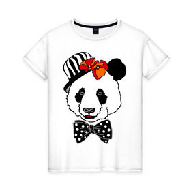 Женская футболка хлопок с принтом Панда с маками в Курске, 100% хлопок | прямой крой, круглый вырез горловины, длина до линии бедер, слегка спущенное плечо | бабочка | галстук | мак | медведь | панда | цветы | шляпа