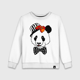 Детский свитшот хлопок с принтом Панда с маками в Курске, 100% хлопок | круглый вырез горловины, эластичные манжеты, пояс и воротник | бабочка | галстук | мак | медведь | панда | цветы | шляпа
