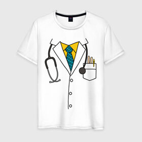 Мужская футболка хлопок с принтом Халат врача в Курске, 100% хлопок | прямой крой, круглый вырез горловины, длина до линии бедер, слегка спущенное плечо. | врач | врачам | доктор | докторам | костюм врача | медик | медикам | стетоскоп | халат врача