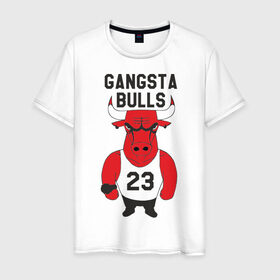Мужская футболка хлопок с принтом Gangsta Bulls в Курске, 100% хлопок | прямой крой, круглый вырез горловины, длина до линии бедер, слегка спущенное плечо. | Тематика изображения на принте: bulls | chicago | gangsta | бык | гангстер | чикаго
