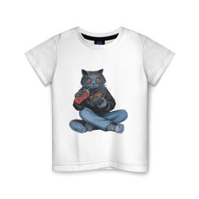 Детская футболка хлопок с принтом Кот геймер в Курске, 100% хлопок | круглый вырез горловины, полуприлегающий силуэт, длина до линии бедер | джойстик | игрок | кола | контроллер | кот