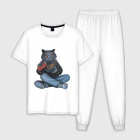 Мужская пижама хлопок с принтом Кот геймер в Курске, 100% хлопок | брюки и футболка прямого кроя, без карманов, на брюках мягкая резинка на поясе и по низу штанин
 | джойстик | игрок | кола | контроллер | кот
