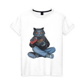 Женская футболка хлопок с принтом Кот геймер в Курске, 100% хлопок | прямой крой, круглый вырез горловины, длина до линии бедер, слегка спущенное плечо | джойстик | игрок | кола | контроллер | кот