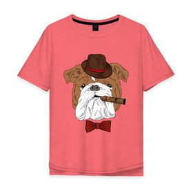 Мужская футболка хлопок Oversize с принтом Английский бульдог с сигарой в Курске, 100% хлопок | свободный крой, круглый ворот, “спинка” длиннее передней части | Тематика изображения на принте: английский | бабочка | бульдог | галстук | пес | псина | собака | шляпа