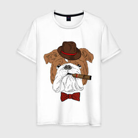 Мужская футболка хлопок с принтом Английский бульдог с сигарой в Курске, 100% хлопок | прямой крой, круглый вырез горловины, длина до линии бедер, слегка спущенное плечо. | английский | бабочка | бульдог | галстук | пес | псина | собака | шляпа